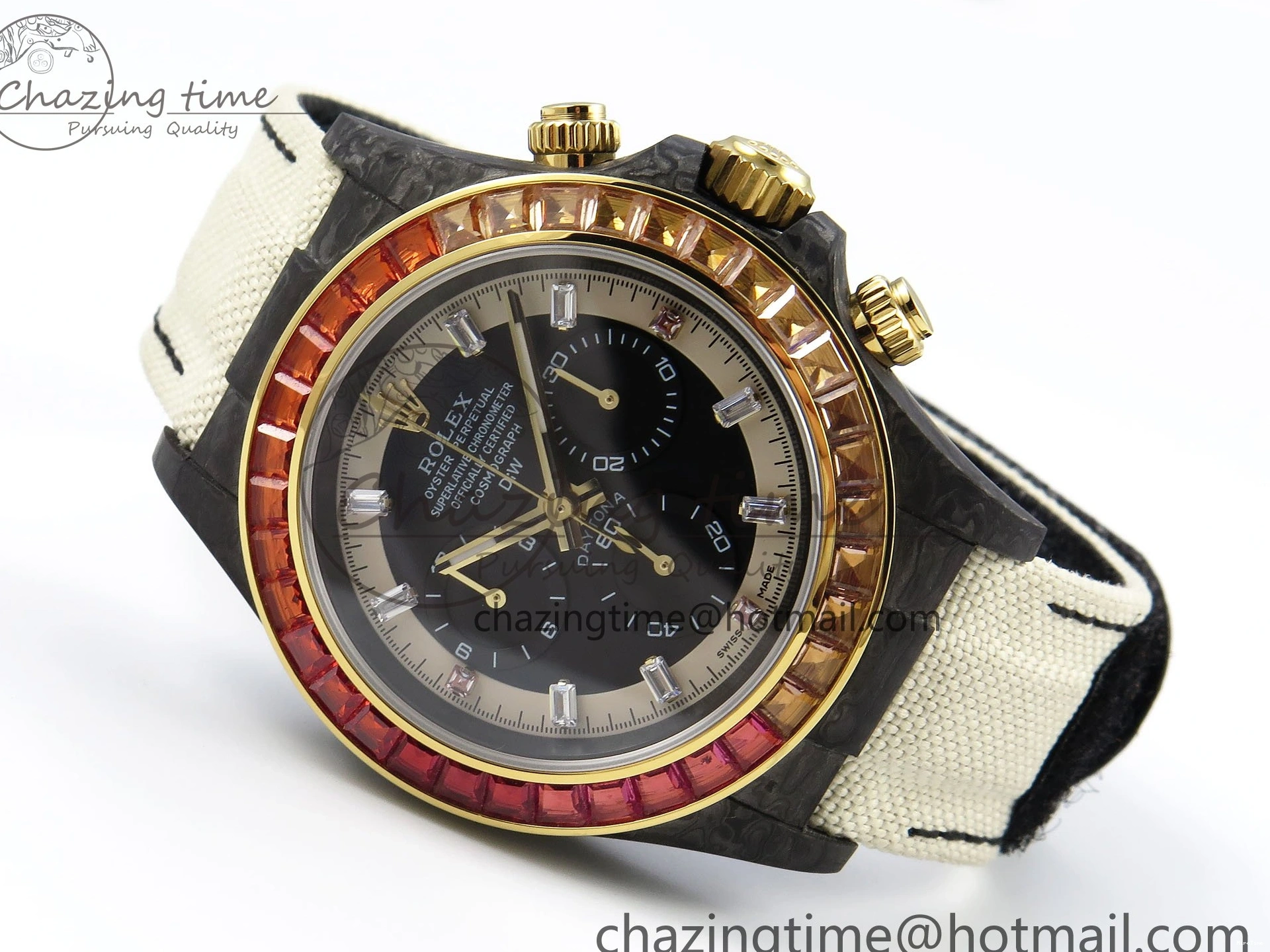 MiroTime 0504 Refined Daytona DIW Carbon Case DIWF Edition Black White Dial Orange Diamonds Bezel on White Nylon Strap A 1668